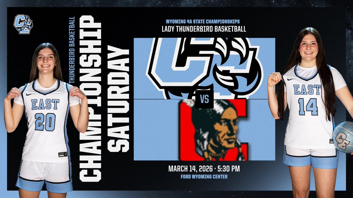 CheyEast's tweet photo. The Lady T-Birds are heading to the Chip! 🏆

Cheyenne East is championship bound after a big semifinal win over Thunder Basin! Next up: a showdown with Central tonight at the Ford Wyoming Center. Let’s go, T-Birds! 💙🖤 #TBirdNation https://t.co/7lklWLYuxZ