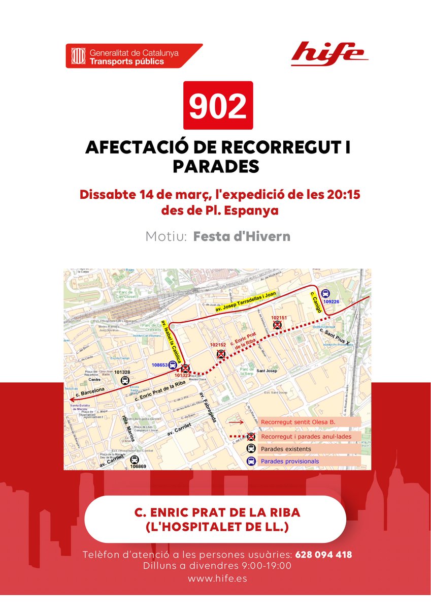 ❌🚌Línia 902 [L’HOSPITALET LL.]: Dissabte 14 de març, s'anul·la el recorregut habitual pel carrer Enric Prat de la Riba.

⚠️Motiu: Festa d’Hivern

✅🚏Parades alternatives: 109226 Canigó-Enric Prat de la Riba i 108653 La Farga

<a href="/ajbegues/">Ajuntament de Begues</a> <a href="/OlesaBonesvalls/">Ajuntament d'Olesa de Bonesvalls</a>