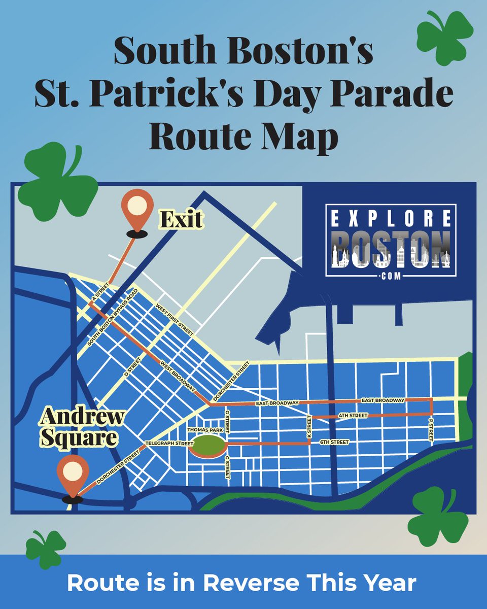 ExploreBOS's tweet photo. Walking backwards is usually reserved for the end of the night, but the South Boston St. Paddy's Parade is doing it first! 🍀 The route is in REVERSE this year. Don't get left behind( grab the map on https://t.co/nbMZdthQlu.) #ExploreBostonDotCom https://t.co/QR2Y7XFtwf