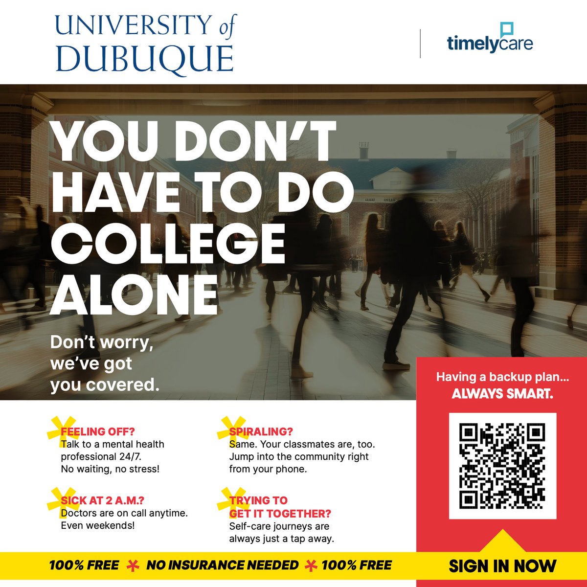 UDSeminary's tweet image. Trying to get it together? We get it. 🫂
.
Support is always just a tap away. TimelyCare offers:
✨ Self-care journeys 🥗 Nutrition &amp;amp; sleep tips 👥 Peer community support
Register today with your UD email!
.
🆓 100% FREE. 🛡️ No insurance needed.
app.timelycare.com/auth/login
#UDTS