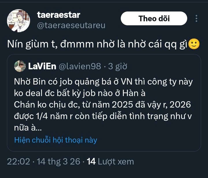kn__0119_'s tweet photo. Nhờ Bin mới có job VN chứ ko lẽ nhờ mem hàn nên có job V hả má?Biết m mị châu mê ku hàn rồi nhưng chịu khó dùng não tí đi,giãy như đỉa phải vôi cũng ko thể thay đổi sự thật là idol m ăn ké job VN của Bin đâu.Mới có IG riêng thôi đã biết ai siêng ai lười r đấy https://t.co/uYgAazdjaX