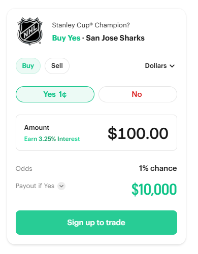 mikekahn87's tweet photo. Can someone explain why if Robinhood is partnered with Kalshi there is such a big difference in payout on betting the Sharks to win the Stanley Cup? Betting $100 on $hood gets you $3300 and betting $100 on @Kalshi gets you $10,000 @RobinhoodApp What's going on here? https://t.co/FNUVjxDuzL
