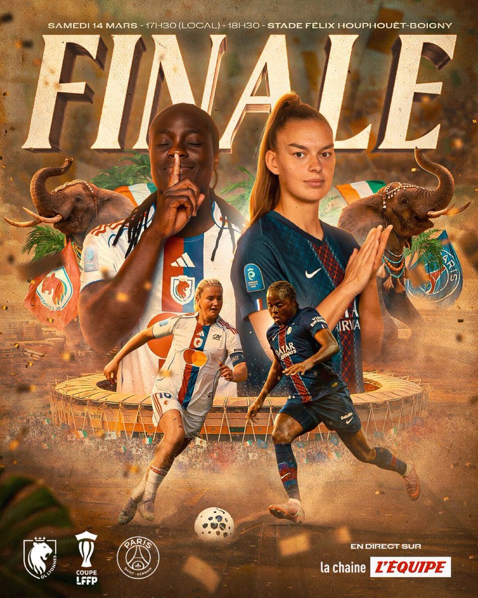 J𝐎𝐔𝐑 𝐃𝐄 𝐅𝐈𝐍𝐀𝐋𝐄 🐘🇨🇮

Qui de l’<a href="/ol__lyonnes/">OL Lyonnes</a> ou le <a href="/PSG_Feminines/">PSG Féminines</a> soulèvera la première 𝐂𝐨𝐮𝐩𝐞 𝐋𝐅𝐅𝐏 ? 🏆

⏱️18h30 
🏟️ Stade Félix Houphouët-Boigny
📺  <a href="/lachainelequipe/">la chaine L'Équipe</a>