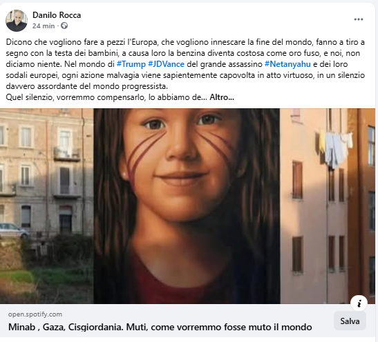 DaniloRocca's tweet photo. Dicono che vogliono fare a pezzi l'Europa, che vogliono innescare la fine del mondo, fanno a tiro a segno con la testa dei bambini, a causa loro la benzina diventa costosa come oro fuso, e noi, non diciamo niente.  #Trump #JDVance #Netanyahu e
#Gaza #Cisgiordania #Minab #europa https://t.co/Hi3NaRHVVL