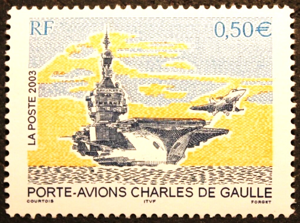 ArchivumVatican's tweet image. 2003: French stamp, aircraft carrier (CVN) Charles de Gaulle. Her successor's expected in 2038. Name not yet been chosen, next Wednesday, President Macron is expected to announce the name of the future aircraft carrier. Richelieu? #Napoleon? 😂#philately #JeanMoulin #marine #Navy