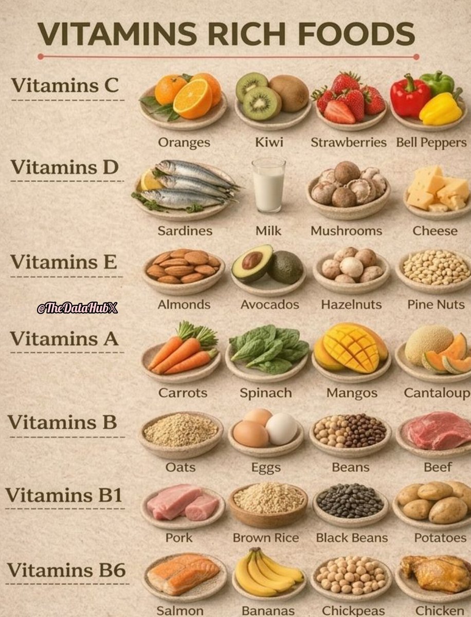 Vitamins Rich Foods

Vitamin C
1) 🍊 Oranges
2) 🥝 Kiwi
3) 🍓 Strawberries
4) 🫑 Bell Peppers

Vitamin D
5) 🐟 Sardines
6) 🥛 Milk
7) 🍄 Mushrooms
8) 🧀 Cheese

Vitamin E
9) 🌰 Almonds
10) 🥑 Avocados
11) 🌰 Hazelnuts
12) 🌰 Pine Nuts

Vitamin A
13) 🥕 Carrots
14) 🥬 Spinach
15)