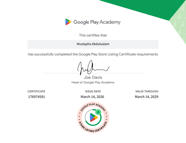 _msabeer_'s tweet photo. 🎉 Just earned my Google Play Academy Store Listing Certificate! 📱✅

Proud to level up my skills in app store optimization and store listing best practices.

#GooglePlayAcademy #ASO #AndroidDev #MobileApps @GooglePlayDev https://t.co/6tzRXotVT3