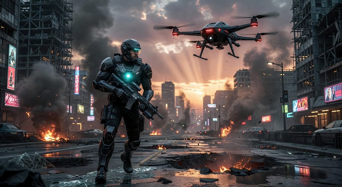 AshokKumar29034's tweet photo. Future warfare vibes. 🔫 A tactical operator moves through the debris while the drone scans the perimeter. The atmosphere in this shot is intense!

#Grok #AIart #GrokAI #SciFiArt #Cyberpunk #FutureWarfare #Dystopian #ConceptArt #DigitalArt #Tactical #Drone #Apocalypse #Cinematic #AICommunity #GamingVibes