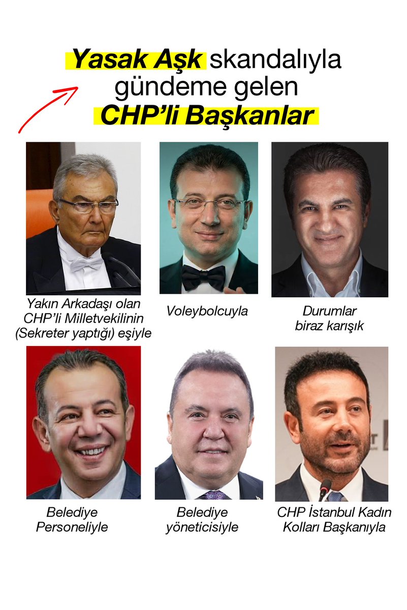 Yasak Aşk Skandalıyla
gündeme gelen CHP'li Başkanlar..

#DenizBaykal : CHP'li Milletvekili'nin eşiyle..
#Ekremİmamoğlu : Voleybolcuyla..
#MustafaSarıgül : Durumlar biraz karışık..
#TanjuÖzcan : Belediye Personeliyle..
#MuhittinBöcek : Belediye yöneticisiyle..
#RızaAkpolat : CHP