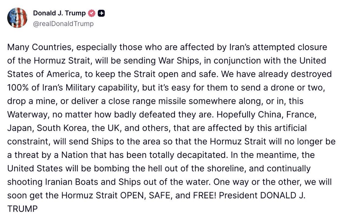 A_Rizvi112's tweet image. Superpower on it’s Knees! Trump begs other countries to help him open the Straits of Hormuz!!
Also, this time in his message, “Thank you for your attention to this matter” was missing! 
Dear Trump, accept the defeat, #EpsteinCrimes — And SURRENDER yourself. #StraitsOfHormuz #Iran