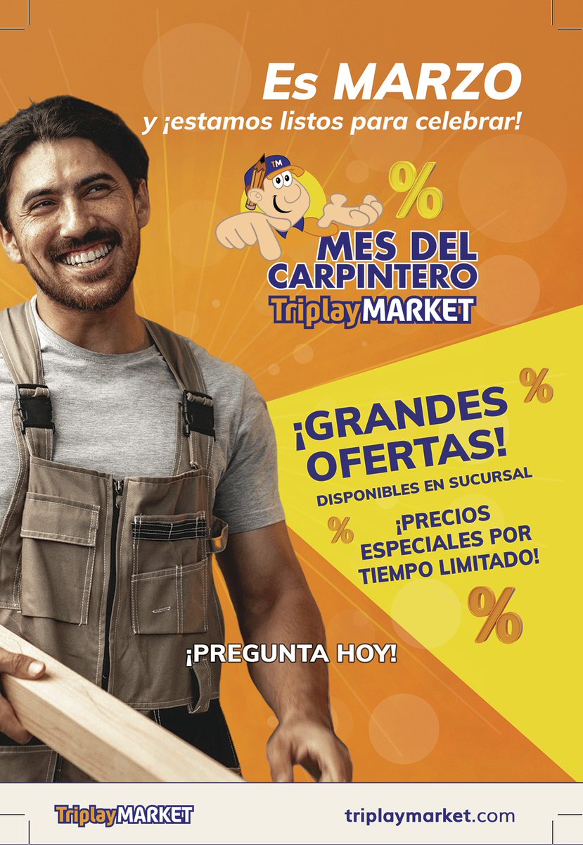 TriplayMarket's tweet photo. Mes del #carpintero en TriplayMARKET. Grandes ofertas en todas nuestras líneas de productos. Los esperamos en nuestras seis sucursales en  #Merida #Cancún #PlayadelCarmen https://t.co/UDZFCCSdHz