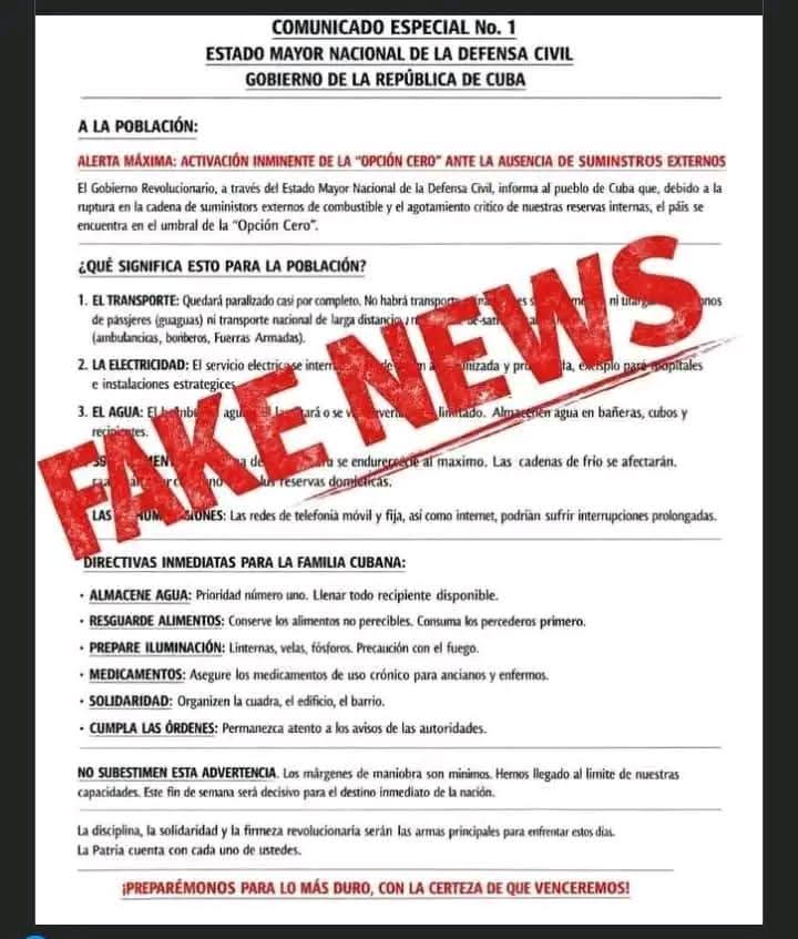 💥 #FAKENEWS‼️SOBRE COMUNICADO FALSO DE LA DEFENSA CIVIL DE #CUBA 🇨🇺‼️  que circula en redes sociales, dónde se habla de la "Alerta Máxima de Opción Cero".  👉 REITERAMOS A LA POBLACIÓN QUE ESA INFORMACIÓN ES TOTALMENTE FALSA.
Es parte del VANDALISMO INFORMATIVO #CubaEstáFirme