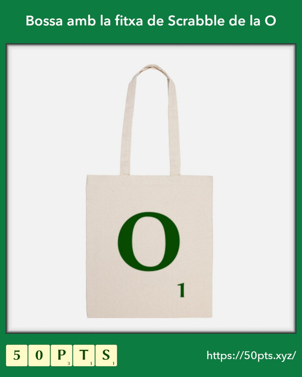 50pts_cat's tweet image. Bossa de cotó amb la fitxa de Scrabble de la O

La voldries? Connecta't amb el nostre lloc web i trobaràs les nostres bosses de tela amb forma de fitxa de #ScrabbleEnCatalà. Amb totes les lletres del #ScrabbleCAT.