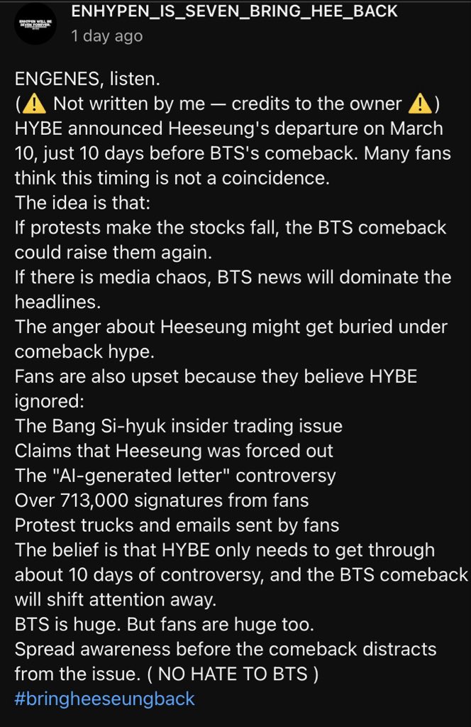 fillmydaywitHee's tweet photo. We demand that HEESEUNG remains fully part of ENHYPEN, and we will continue to hold @BELIFTLAB accountable for any actions that threaten the group's identity and integrity.

DO NOT EXPLOIT THE LEGACY OF ENHYPEN
#BEACCOUNTABLE_BELIFT
#ENHYPEN_IS_SEVEN 
#HEESEUNG_STAYS https://t.co/I357AiqKQm