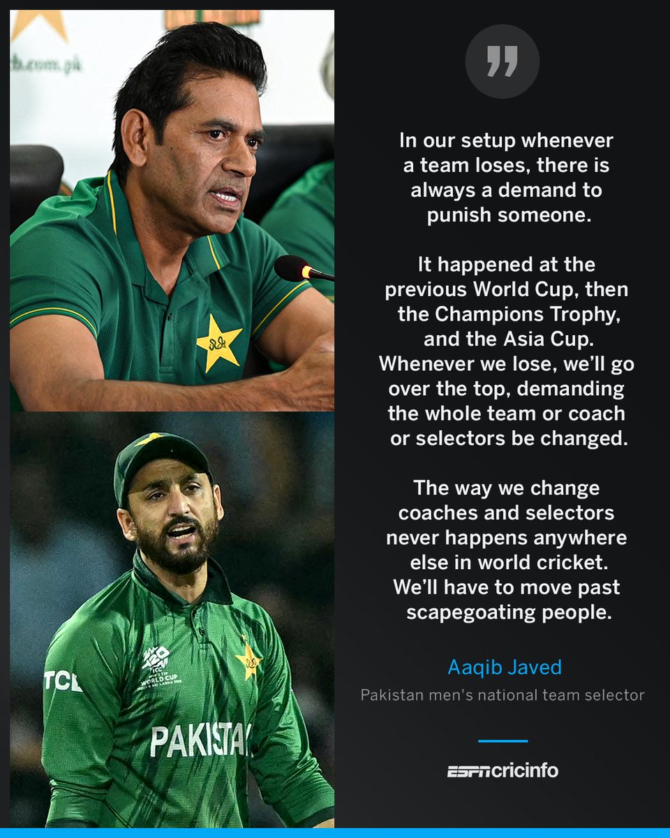 cricinfo's tweet photo. Aaqib Javed on Pakistan's T20 World Cup exit: Have to move past 'scapegoating people' 🗣️ https://t.co/CAVoWFMuHL