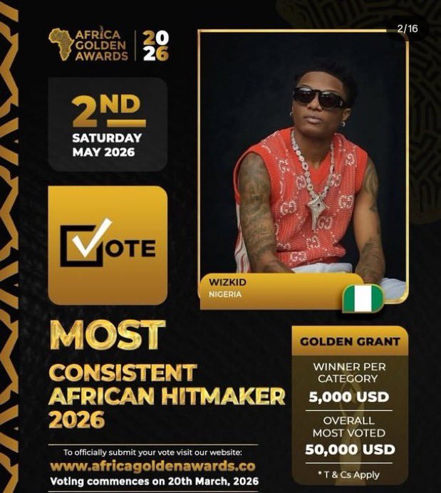 Wizkid has been nominated at the 2026 Africa Golden Awards in the following categories:

➡ Best Western Africa Entertainment Icon 2026
➡ Top Western Africa Music Act
➡ Most Consistent African Hitmaker 2026