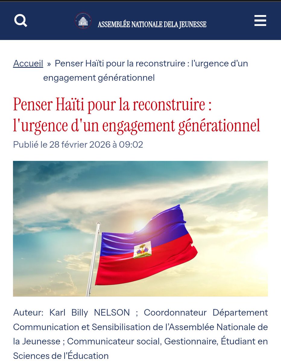 FPKBillyNelson's tweet photo. Penser Haïti pour la reconstruire : l'urgence d'un engagement générationnel https://t.co/bCgVU3kicg
Cet article est une réflexion engagée qui cherche à analyser la crise du pays et à appeler les différentes générations, surtout les jeunes, à s’impliquer activement [...]
__
#NKB17 https://t.co/f1zY0tcV74