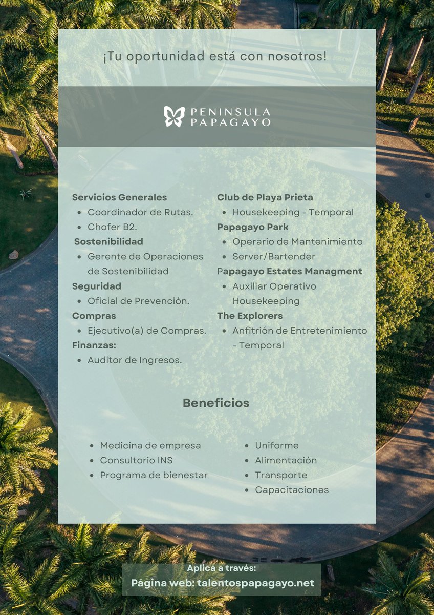 #Empleos506CR #Guanacaste 
PENINSULA PAPAGAYO requiere  "PERSONAL PARA CUBRIR VARIOS PUESTOS", Papagayo, Guanacaste.