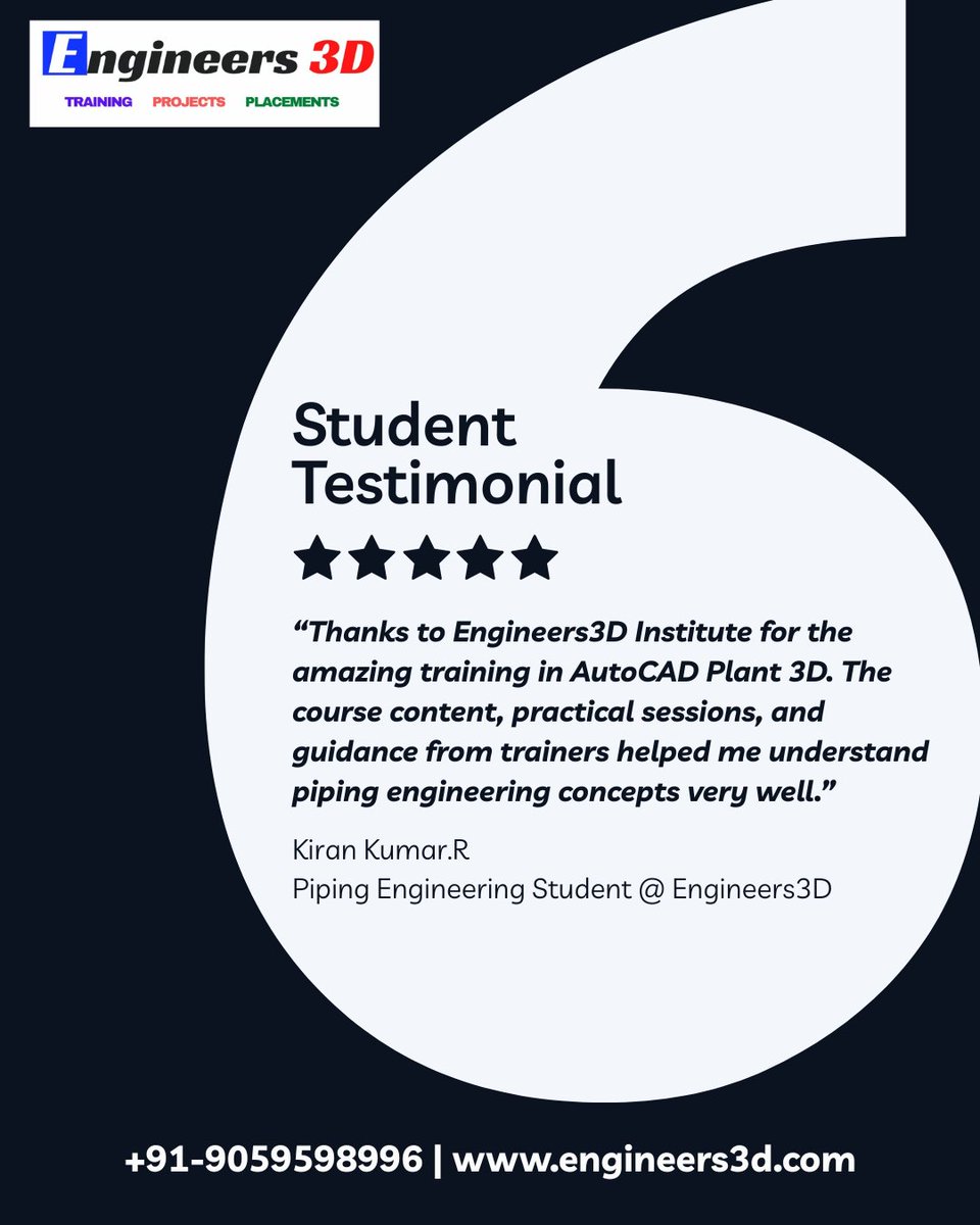 Engineers3d's tweet image. Learning made practical! 🚀
Our student shares their experience after completing the Piping Engineering – AutoCAD Plant 3D training at Engineers3D Institute. 
#Engineers3D #PipingEngineering #AutoCADPlant3D #EngineeringTraining #DesignSkills #PipingDesign #MechanicalEngineering