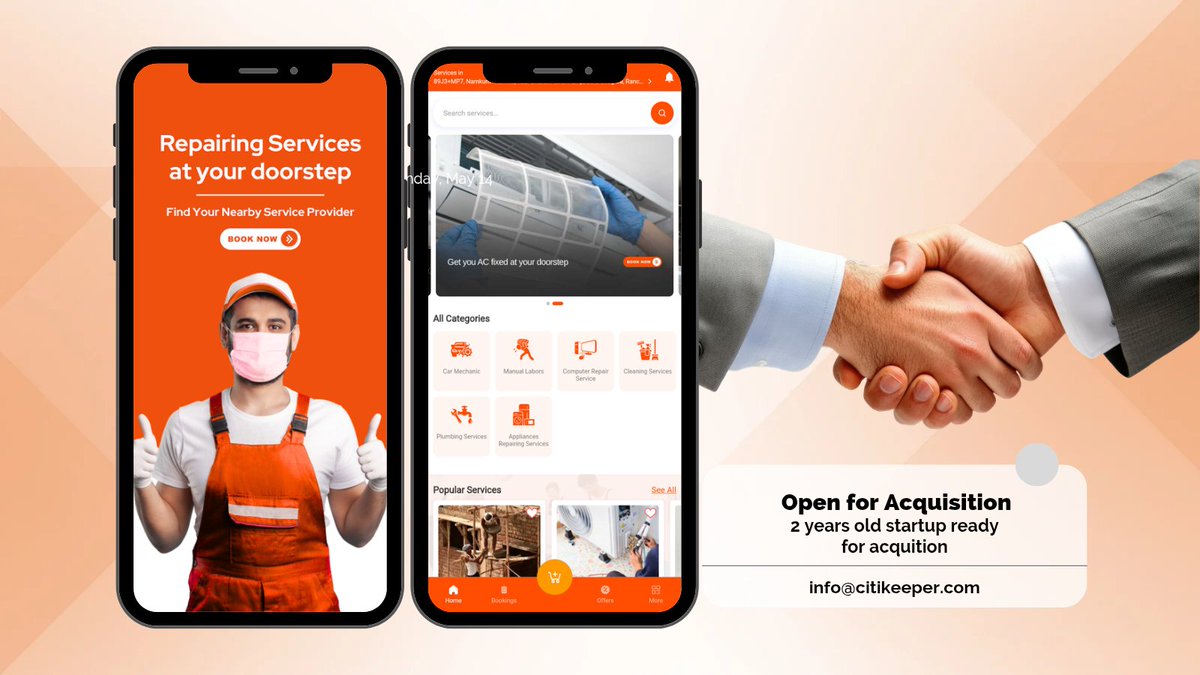 graamin_app's tweet photo. Citikeeper is open for acquisition! 🚀

They've spent 2 years building a trusted on-demand home services platform - repair, plumbing, cleaning &amp; more - across multiple cities.

https://t.co/4T2jg7lu44
✉️ info@citikeeper.com 

#Acquisition #StartupForSale #StartupIndia #Investors https://t.co/PiCHju0Goj