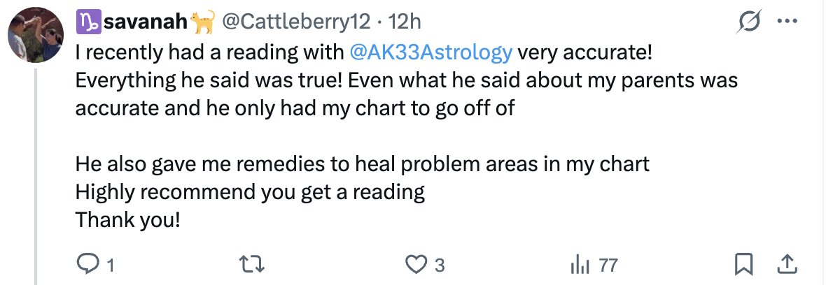 AK33Astrology's tweet photo. Another Amazing feedback for the Reading! 👇

(DM to book your readings today) https://t.co/tO4t0qnub1