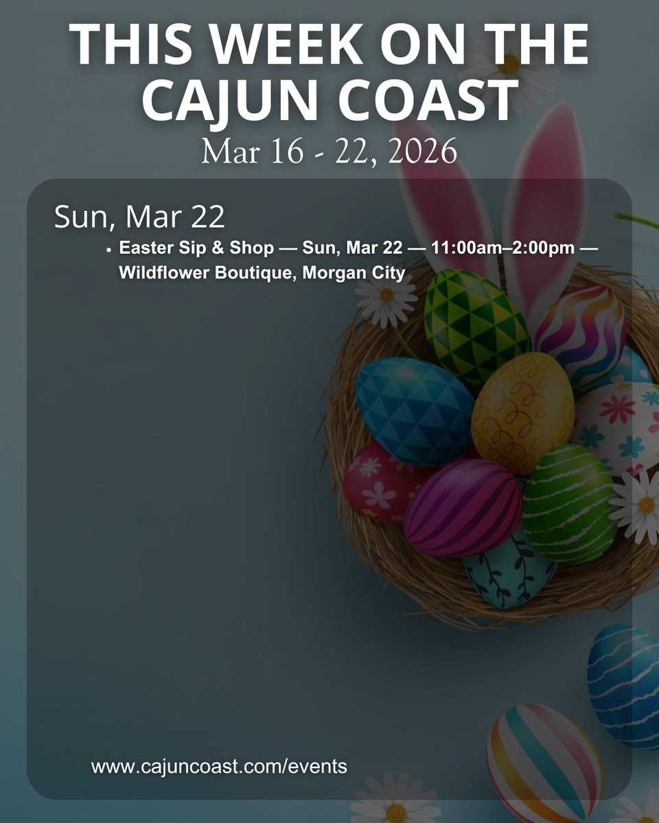 Save-the-Date Sunday. St. Patrick's Day week on the Cajun Coast. Boujee Bingo, classic films at Teche Theatre, and celebrations across the parish.
cajuncoast.com/events
#MyCajunCoast #FeedYourSoul #CajunCoast #MysticallyBeautiful