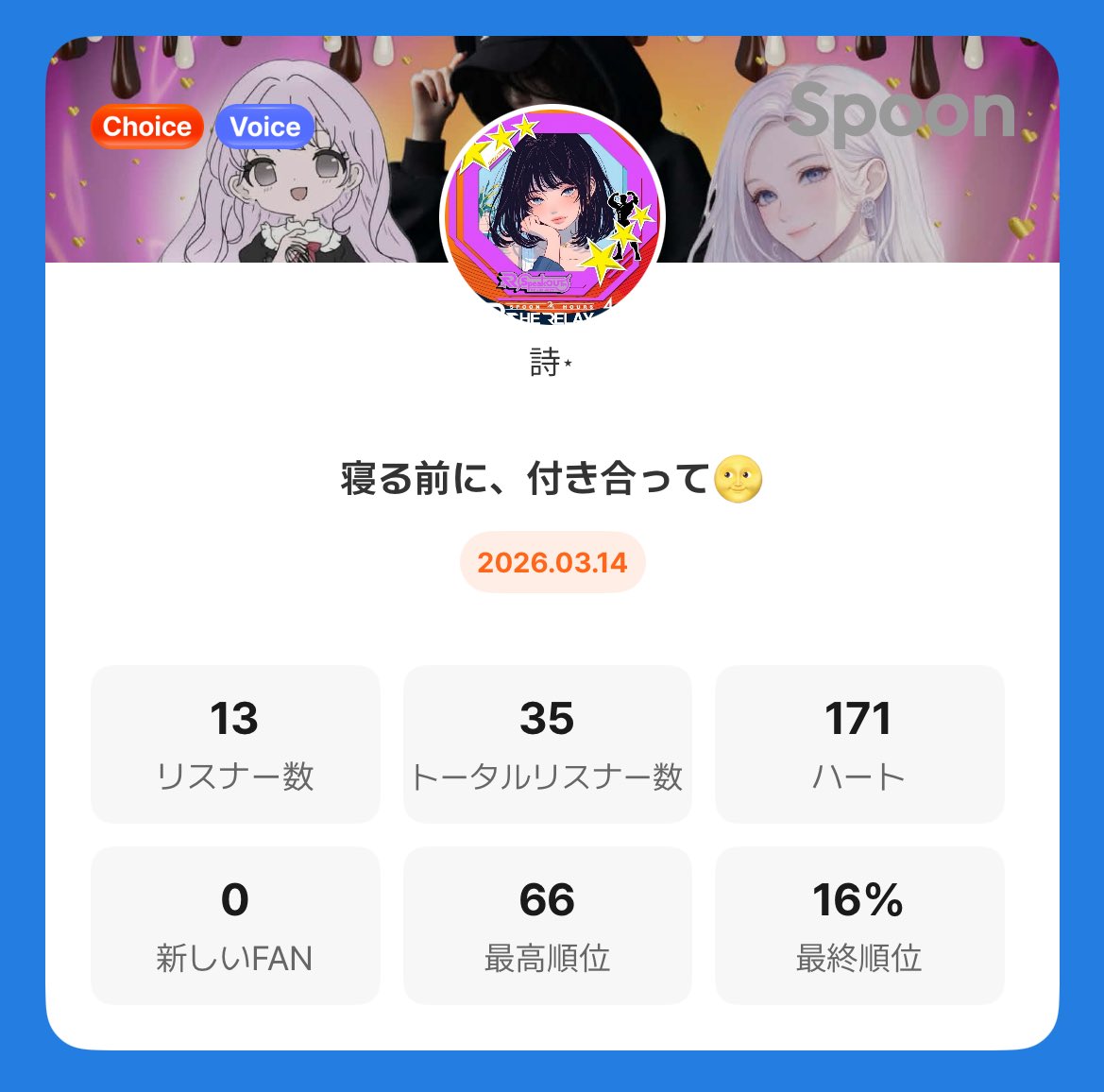 疲れてたので、超短め
新背景もお披露目できて嬉しかったよん
⠀
新背景にお飾りしてくれたみんな
ありがとう！
⠀
VIPになっても応援するよって
言葉嬉しかった！
⠀
投げ先誰にしようかな🙄だね笑笑