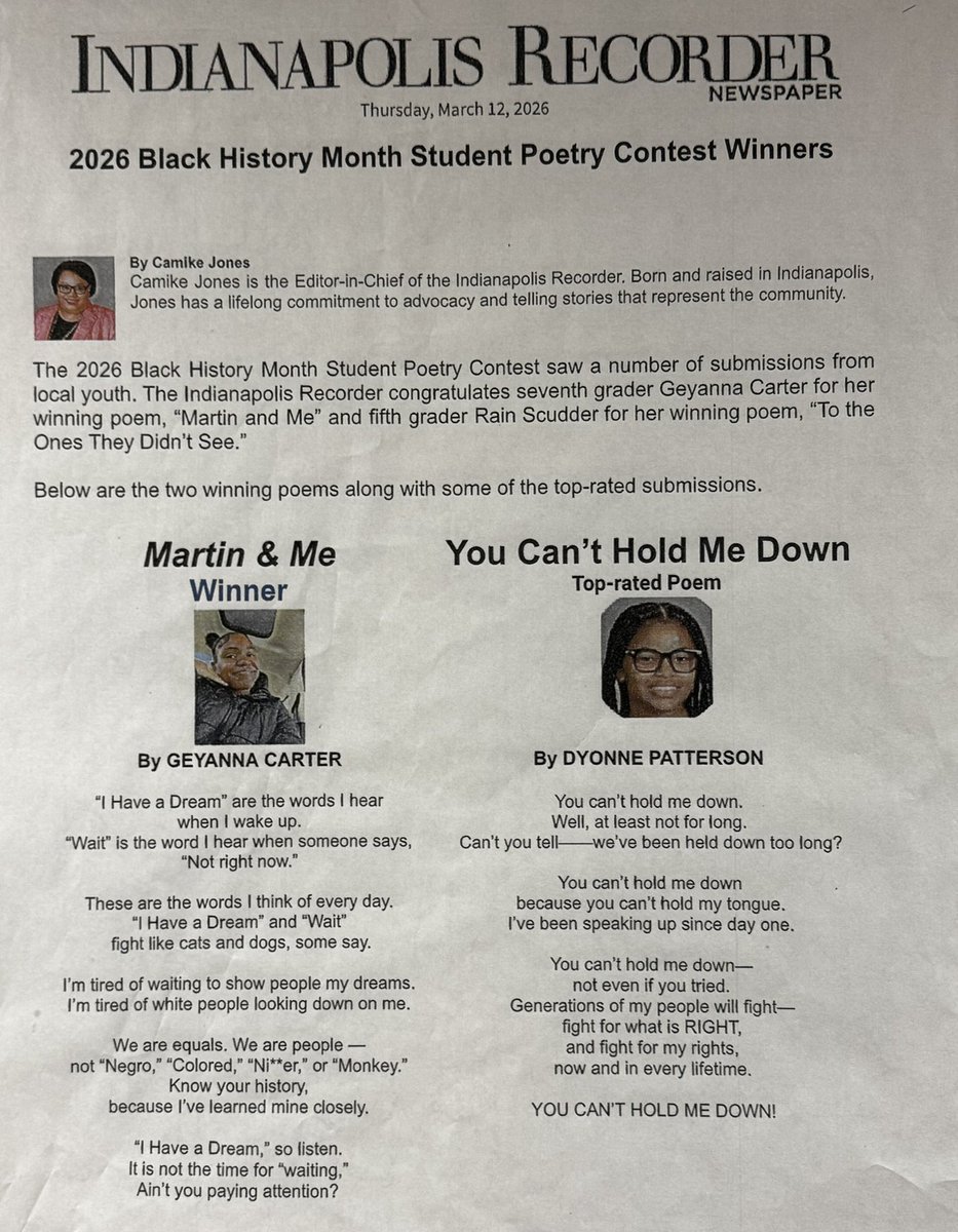 BelzerBears's tweet photo. Belzer's own Geyanna Carter soared to victory, claiming 1st Place in the Indianapolis Recorder’s Black History Poetry Contest, while Allison Martinez, Angeles Perez, and Dyonne Patterson delivered standout performances recognized among the top-rated submissions. https://t.co/w7VvW0aQyX