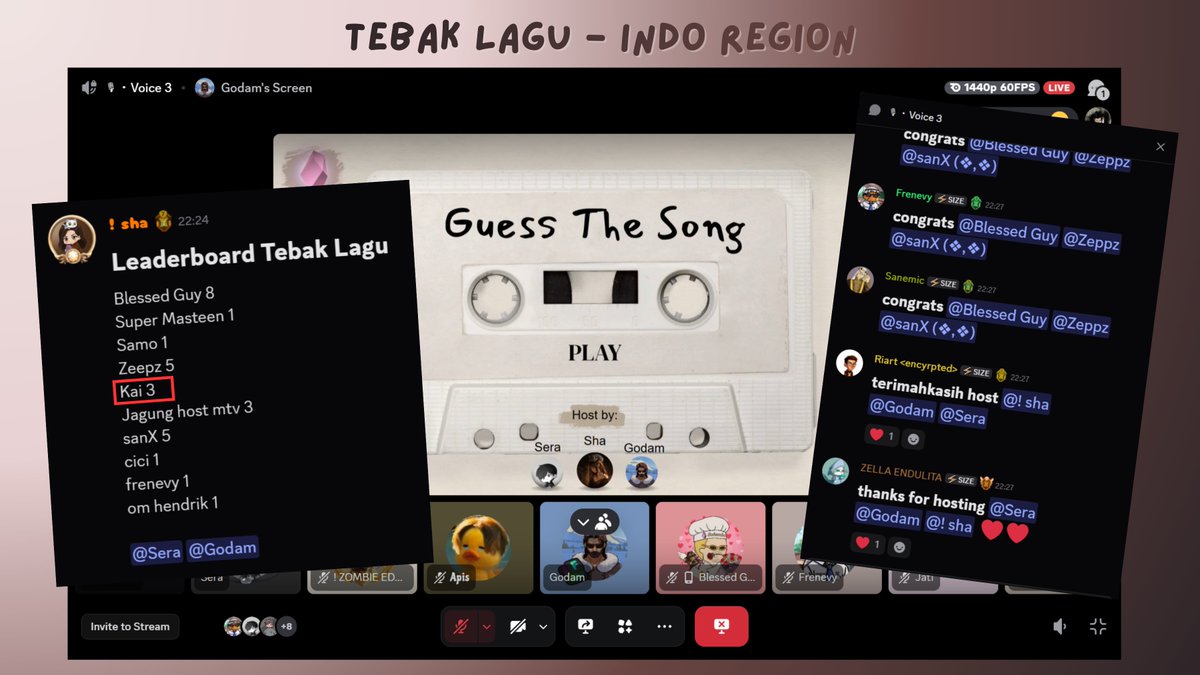 gMic everyone!

Had a lot of fun at the Indonesia regional 'Guess the Song' event on the Seismic Discord server. 😁

Happy to have made it to the leaderboard even though I didn’t win because they were too fast with their hands haha. Well, at least now I know a lot more song