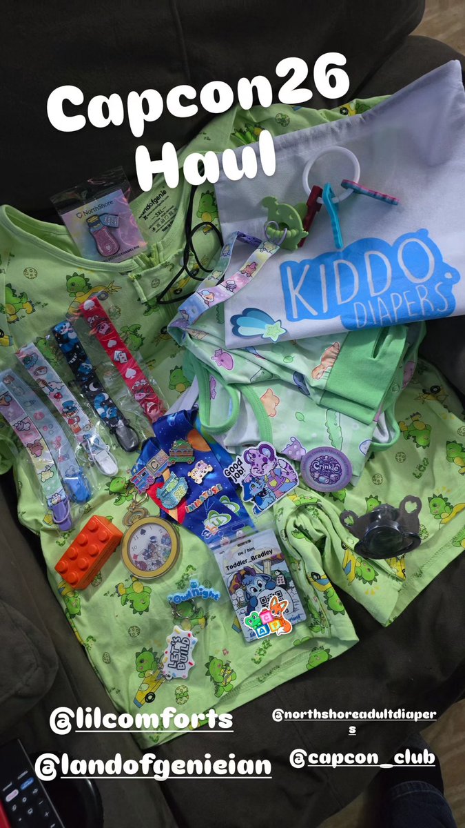 Toddler_Bradley's tweet photo. Capcon26 Haul.
@CAPCon_Club 
@Us_kiddodiapers 
@ABUDiapers 
@OnesieDownunder 
@myinnerbaby 
@landofgenierose https://t.co/Y6uMxycPkI