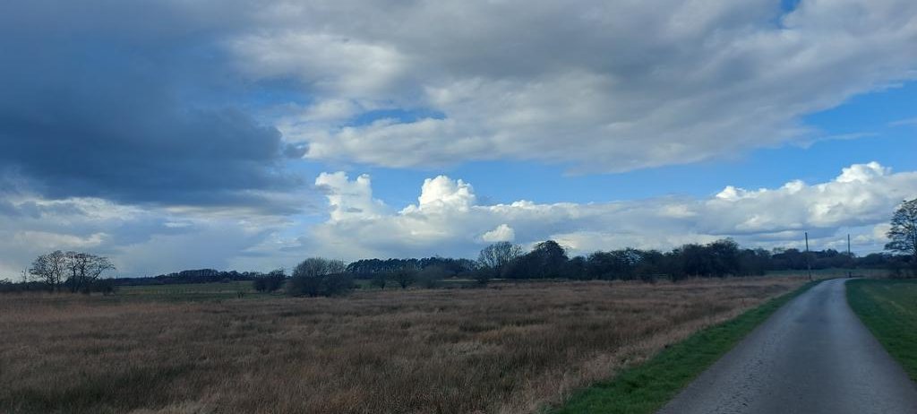 Grenoside's tweet photo. #SaturdaySky 

I took these four pics at the same spot at the same time, swivelling round to get the different views. 

Guess which direction I was heading? 🤔 🚶🏼‍♀️🤣 https://t.co/AVMcwg6HnY