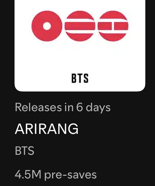.<a href="/BTS_twt/">방탄소년단</a>’s “Arirang” has surpassed 4.5 MILLION pre-saves on Spotify! (+110k) 🔥