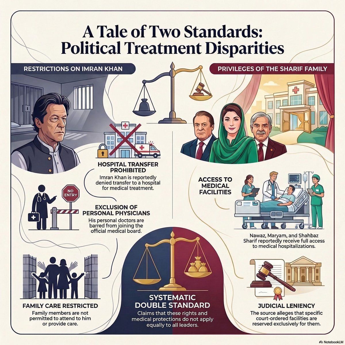 While Imran Khan is jailed &amp; reportedly battling serious eye issues he is denied transfer to a private hospital (latest IHC ruling March 12, 2026 rejected move to Shifa Intl), barred from personal doctors, and restricted family access...

The Sharif family has long enjoyed