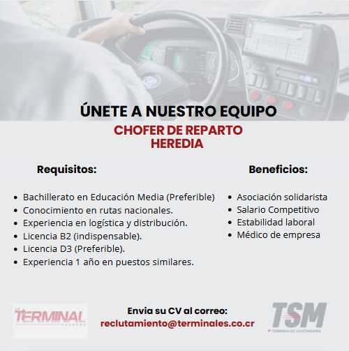 #Empleos506CR #Heredia  
TSM requiere "CHÓFER DE REPARTO", Heredia.