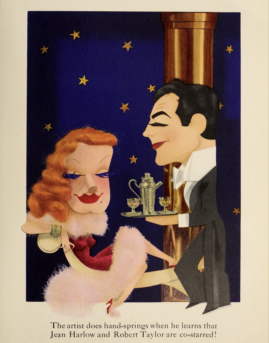 Fantastic cartoon illustration of Jean Harlow and Robert Taylor as they appear in their 1937 film, Personal Property, by legendary Romanian caricaturist and paper artist Jacques Kapralik: