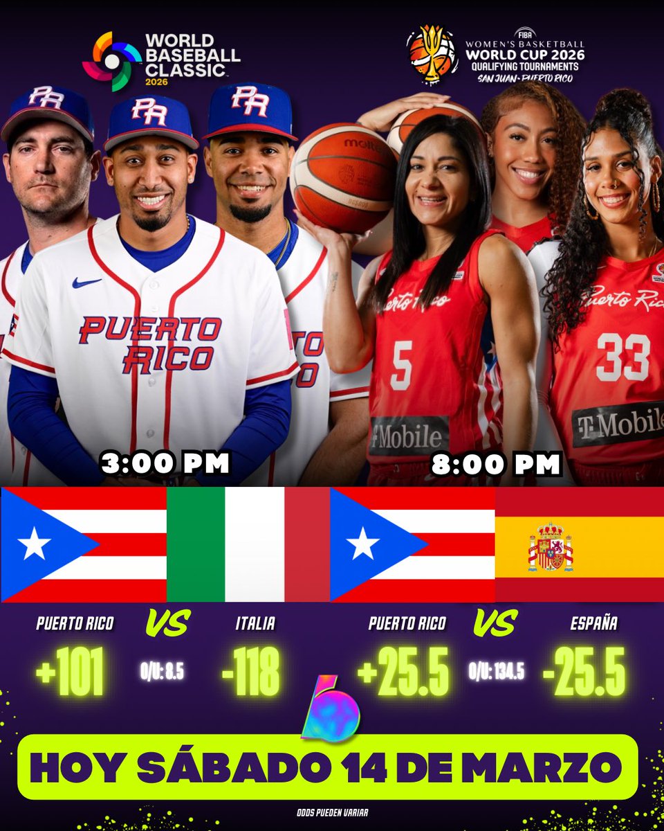 🇵🇷⚾️🏀🔥 Hoy sábado 14 de marzo tenemos doble tanda de #LosNuestros 👏 A las 3 pm el #TeamRubio en los Cuartos de Final del Clásico Mundial de Beisbol 🆚 la selección de Italia 🇮🇹 desde Houston, Texas 🏟️ Y a las 8 pm las nenas en las clasificatorias del mundial de baloncesto