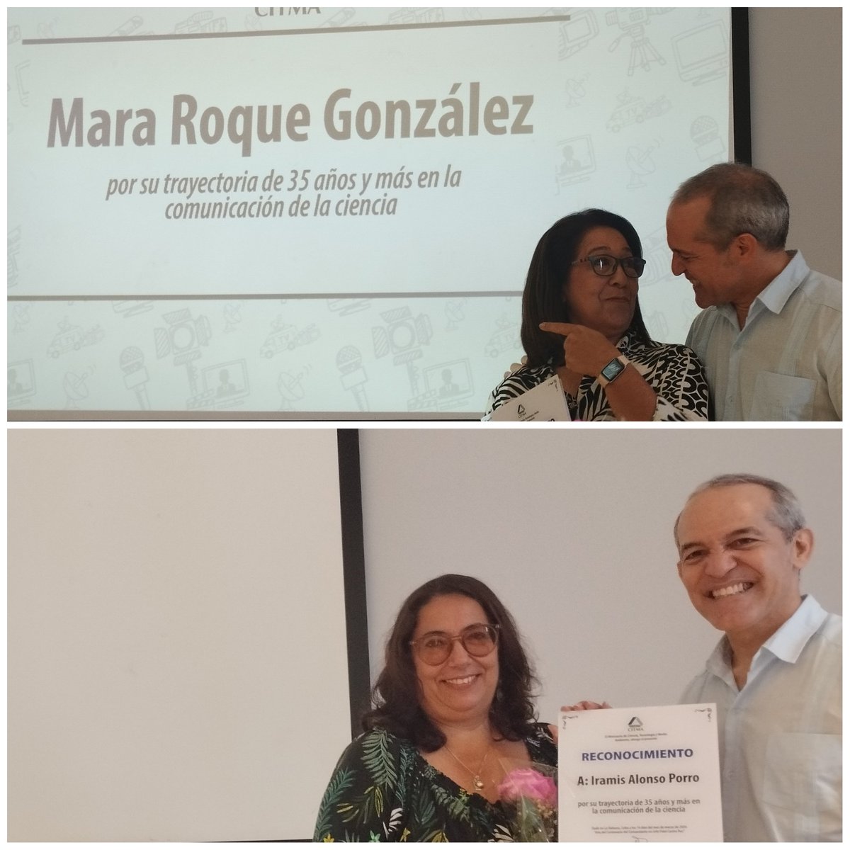 <a href="/citmacuba/">Ministerio de Ciencia, Tecnología y Medio Ambiente</a> reconoce a periodistas con notable trayectoria en la comunicación de la ciencia:
Mara Roque González, TV Cubana
Iramis Alonso Porro,  Juventud Técnica.
Ledys Camacho Casado, semanario Opciones. 
Sonia Rodríguez Alemañy, Radio Reloj
👇