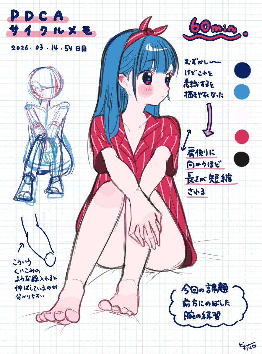 #どす恋ランダム素体チャレンジ
54日目        

🌷良かったポイント 
肩側に向かうほど腕の長さが短縮される←この意識でだいぶ描きやすくなった

🌱反省ポイント    
迷わず形を取れるようになりたい

🐰次回の課題
掴みかけてはきているので、来週は伸ばした腕脚を集中的に練習して手に馴染ませる 