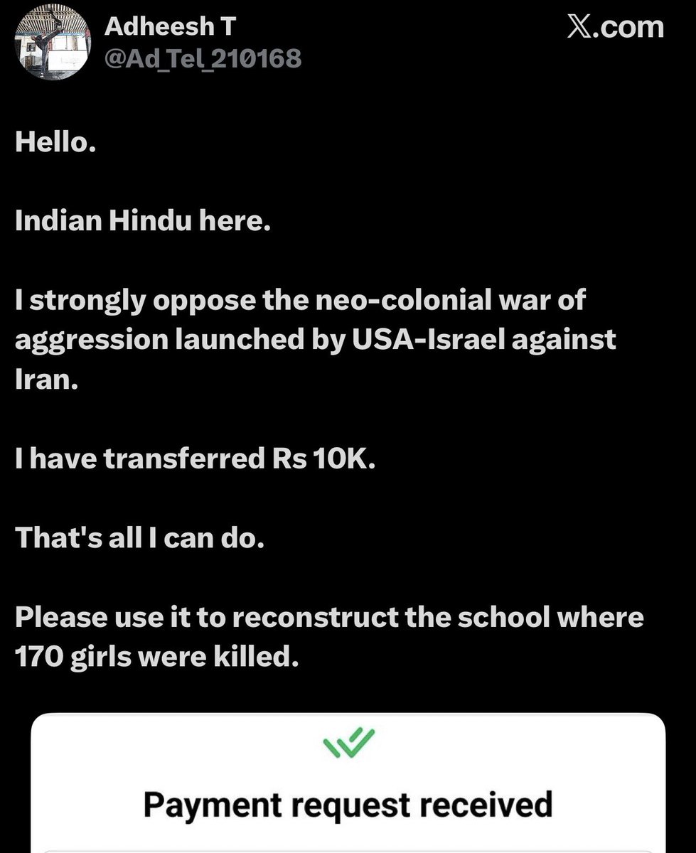 A Hindu from India donated 10k for the reconstruction of School which got hit by US and Israel airstrikes and killed 160 school girls.

This is what the hate mongers fear the most.

This is the idea of True Hindutva that IT cell won’t show you 🔥🔥