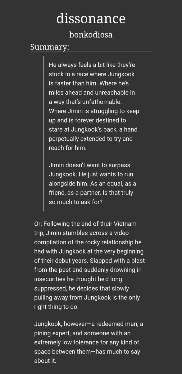 stupidgayh's tweet photo. dissonance | #jikook fic | 60k words
4/4 chapters, complete

🌷 canon compliant
🌷 post ays 2 
🌷 friends to lovers
🌷 (assumed) unrequited love
🌷 tooth-rotting fluff
🌷 heavy angst with a happy ending
🌷 please read the tags! linked below <3

🔗 https://t.co/dFeXXPnryW https://t.co/6hxGMkdT4D