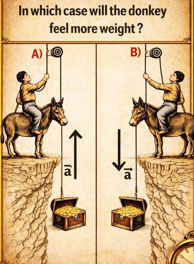 noman48409's tweet photo. 🧠A man sits on a donkey and lifts a treasure chest using a pulley.
In which case will the donkey feel more weight?
A or B? 🤔
#STEM #PhysicsFun #ChallengeYourMind https://t.co/bnpDVm1iYh