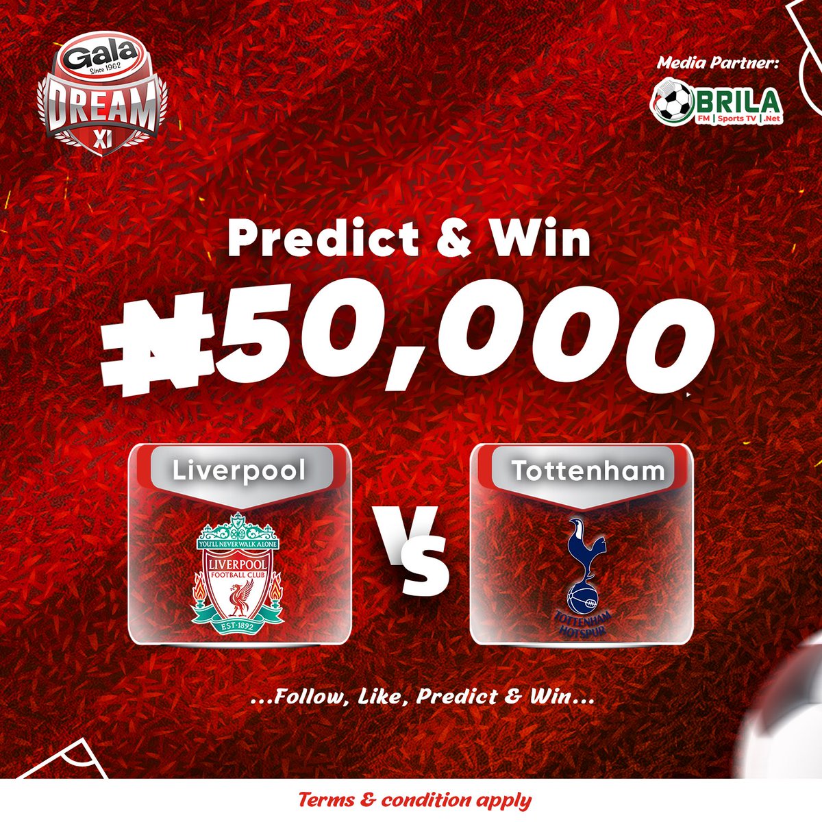 PREDICT &amp; WIN ₦50K ⚽🔥
Liverpool vs Tottenham 🔴⚪️
Think you know how this one will end? 👀
Drop your prediction and stand a chance to win!
How to win:
• Drop your correct prediction in the comments
• Follow @brillafm889 &amp; @galasausage_roll
• First 5 correct predictions win