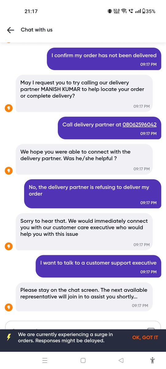 TooHarsshh's tweet photo. PATHETIC INCOMPETENCY by @Swiggy. I placed an order tonight, I never received the order. Upon calling the delivery guy, I found that he delivered the order to someone else and later he cut my call. None of the customer executives are responding.

Order ID: 232469091847930 https://t.co/v3YfmD0ClN