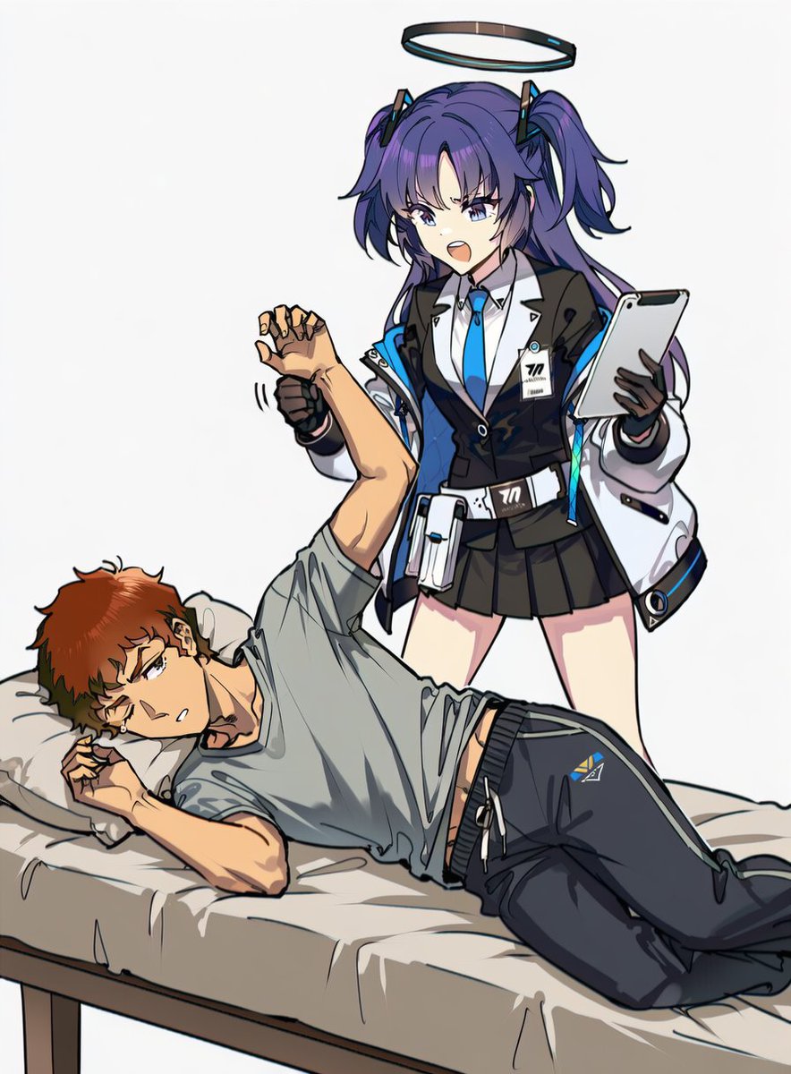 仮眠中に提出データについて詰問してくるユウカ
に対し『先生』が「プリン買ってあるぞ」とか言い、「誤魔化されませんからね!」「食わないのか?」「食べますけど!!」とやり取りをする『先生』 