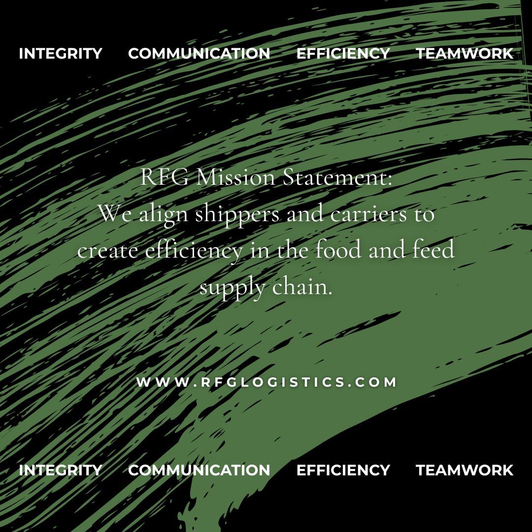 At RFG, our Mission is to align shippers and carriers to create efficiency in the food and feed supply chain, and to do so at the highest degree of excellence possible. Our values - Integrity, Communiction, Efficiency, and Teamwork - are how we get there time and time again.