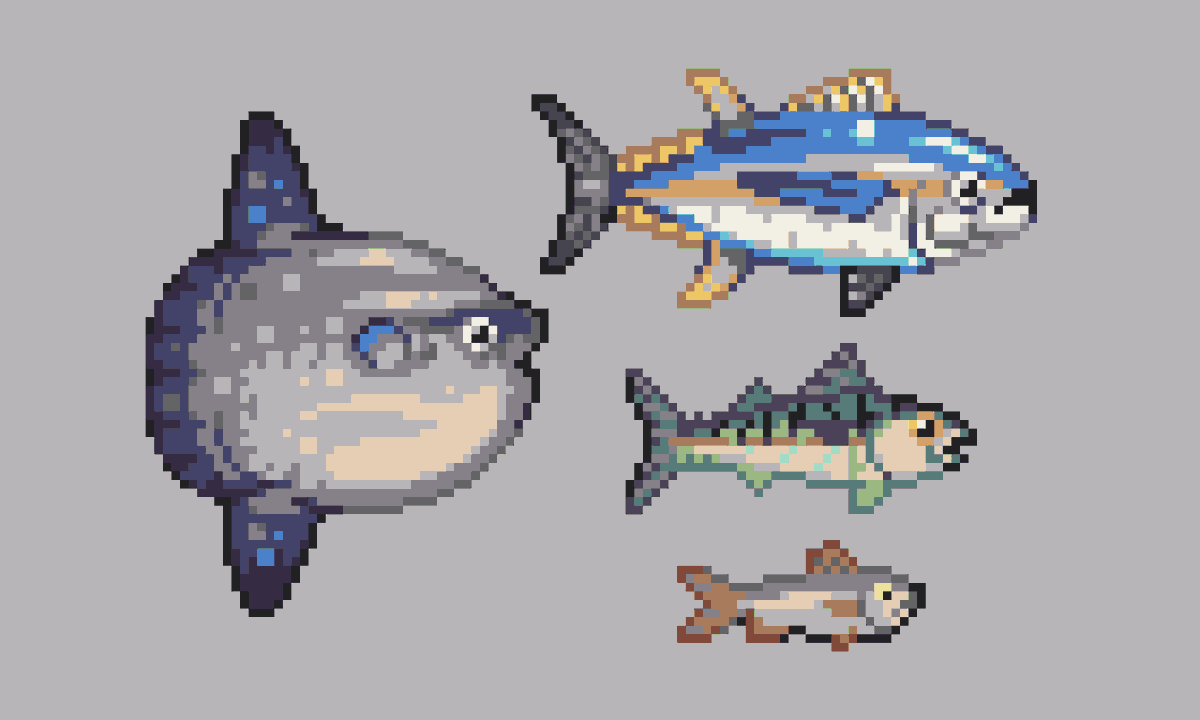 Some large (and small) saltwater friends

Honestly love how these sprites turned out, can't wait to see them swimming around in my tanks

#pixelart #ScreenshotSaturday