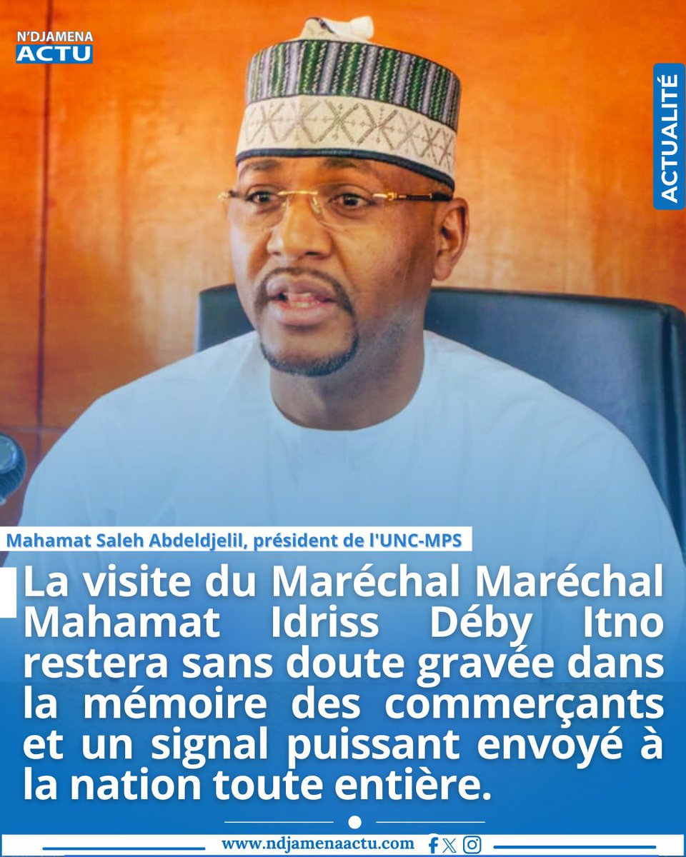 Selon le président de l'UNC-MPS Mahamat Saleh Abdeldjelil : "La visite du Maréchal Maréchal Mahamat Idriss Déby Itno restera sans doute gravée dans la mémoire des commerçants et un signal puissant envoyé à la nation toute entière". #Tchad