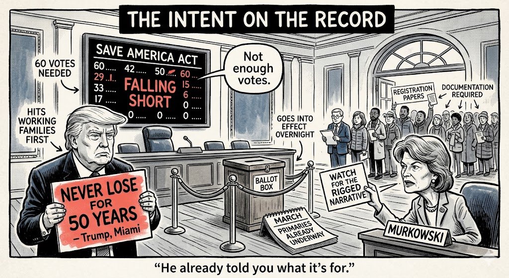 micyoung75's tweet photo. Two things are true at the same time.

Trump told Republicans in Miami on Monday that the SAVE America Act means they would "never lose a race. For fifty years." That is the stated purpose on the record.

And Senator Murkowski warned this week that if the bill fails, Trump will use that failure to pre-seed a rigged election narrative for the midterms. She said she saw this coming because she saw 2020.

The bill adds documentation hurdles that fall hardest on working families, young voters, and people who move often. It goes into effect immediately, mid-primary season. It cannot clear 60 votes. And the man pushing hardest for it already told his own party what it is actually designed to do.

The Senate votes this week. The argument for no is already on the record in Trump's own words.