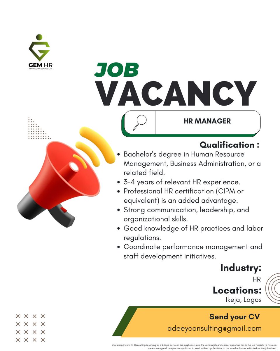 gem_hr's tweet image. 🔥Urgent Hiring: HR Manager!🌟Lead and impact the HR Industry! Location: Ikeja, Lagos.💌APPLY: adeeyconsulting@gmail.com⏳Act fast—this opportunity won't last! 👥 Know someone ideal? Tag them! #hrmanager #hrmanagement #hrmanager #hrmanagers #hr #hrjobs #humanresource #ikejalagos
