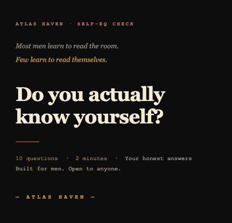 WholeisticP's tweet photo. Most men learn to read the room. Few learn to read themselves.
Built for men. Open to anyone.
2-min self-EQ check → https://t.co/sxGsmkT7Wk
Which tier are you? 👇 https://t.co/YFCVbUbmz1